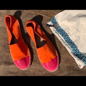 Tory Burch orange & fuchsia leather espadrilles